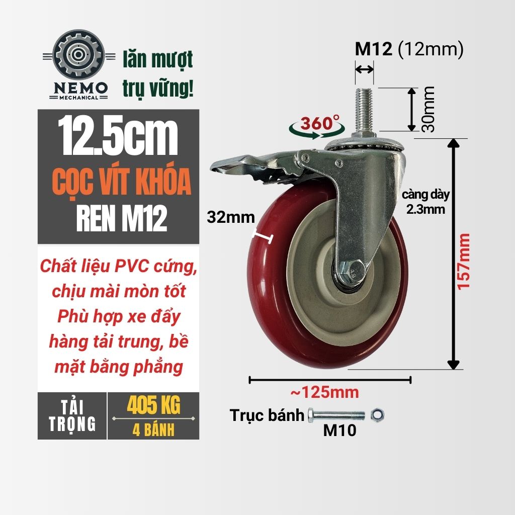 Bánh Xe PVC Đỏ Mận Cọc Vít M12 (D75, D100, D125)